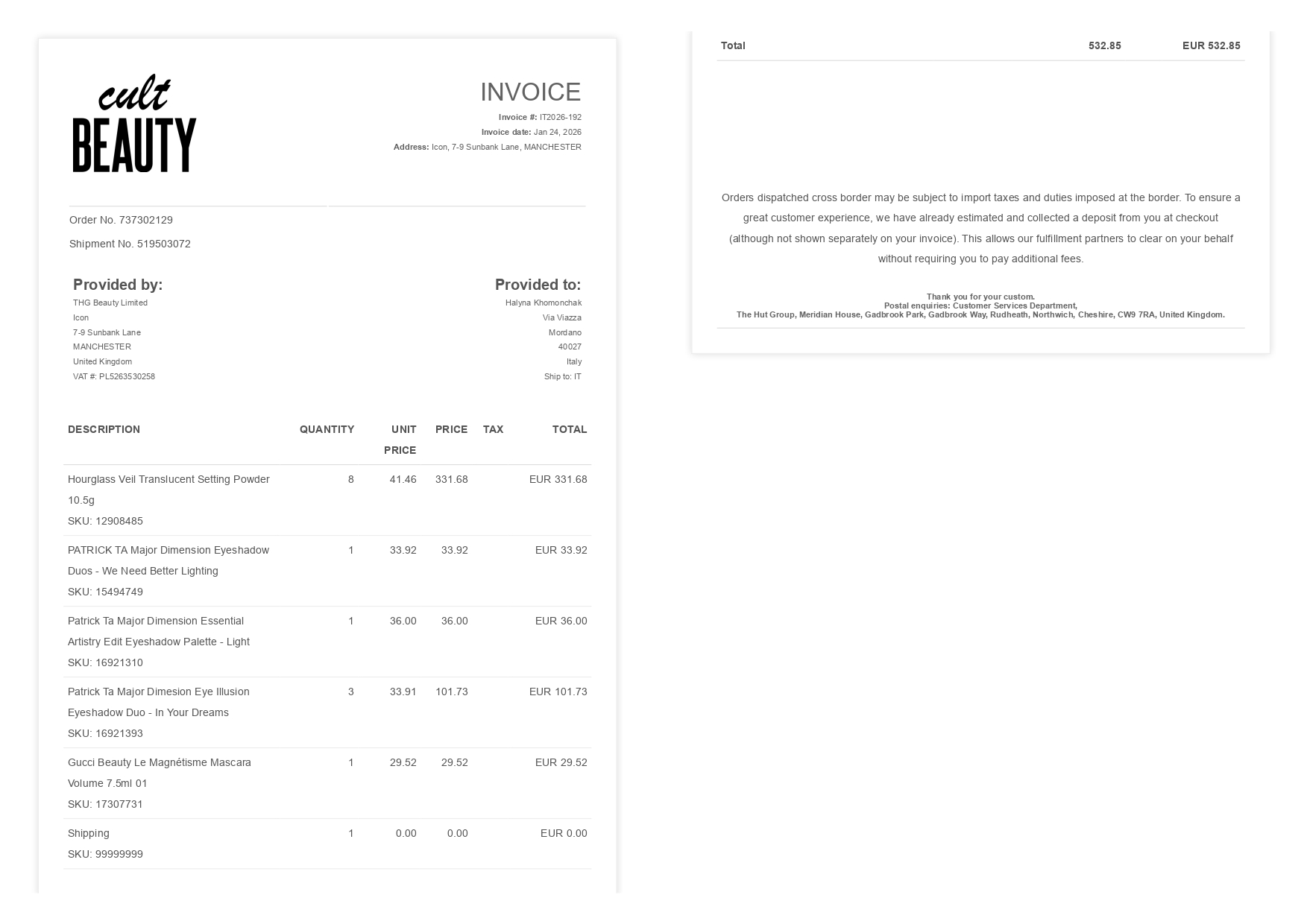 Инвойс с сайта Cult Beauty